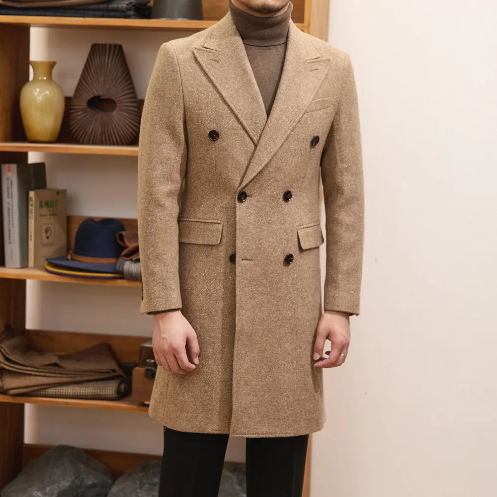 

2025 New Men's Fashionable Extended Overcoat Jacket Autumn/Winter Double Breasted Peak Lapel Long Woolen Coat Luxury Customized