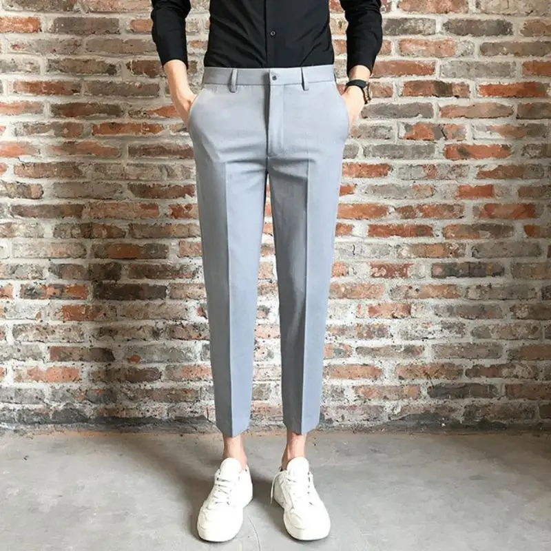 Size 28-40 Men Ankle Length Pants Spring Summer Autumn  Casual Slim   Long Business Suit Chinos Slacks Black Grey Blue