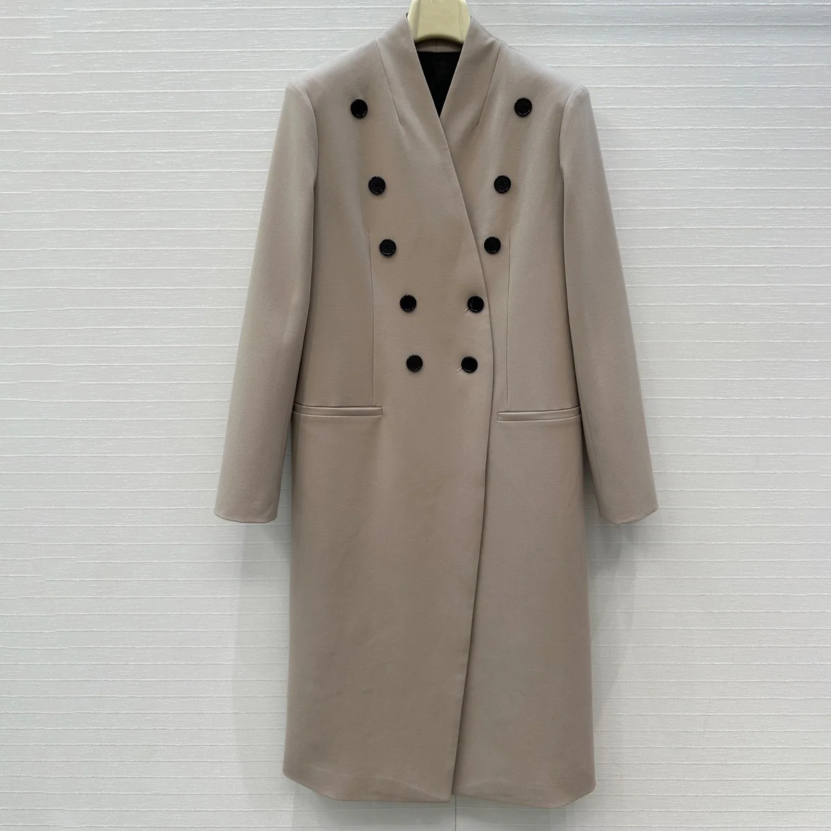 High Quality Women V Neck Double Breasted Long Coat, Elegant Solid Color Straight Fit Long Sleeve Outerwear with Pockets
