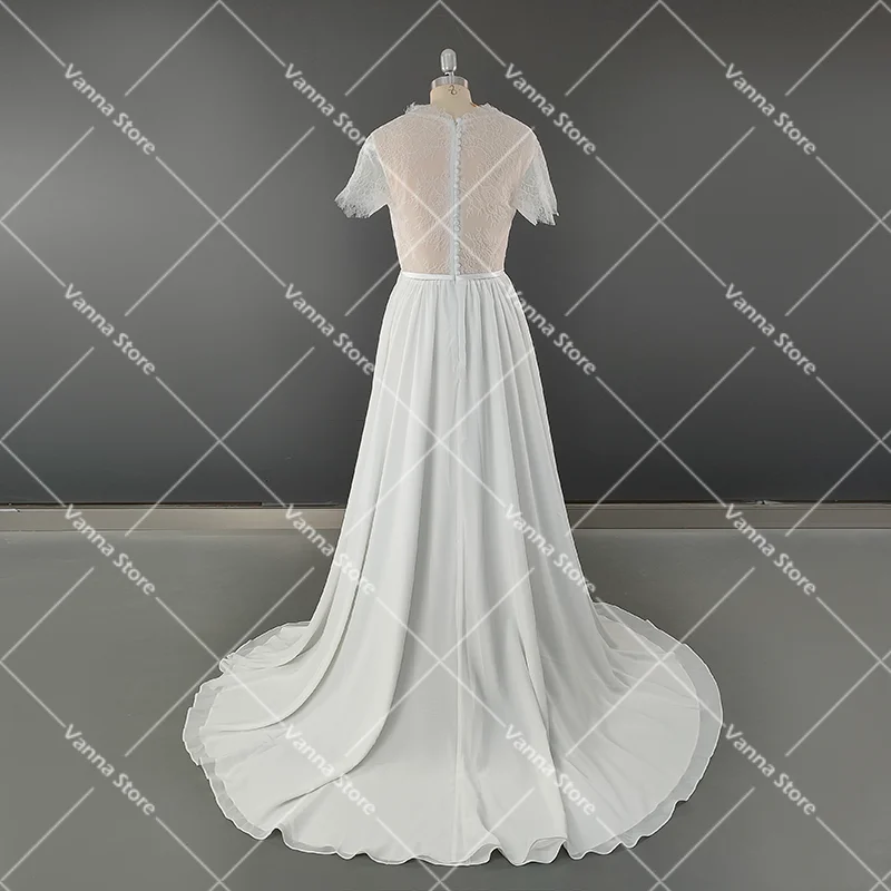 Mangas curtas chiffon a linha vestido de casamento robe de mariee ruched v pescoço botões tamanho grande ver através ilusão laço vestido de noiva