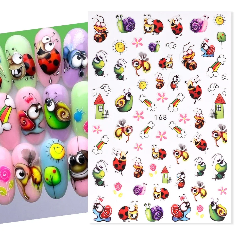 Cartoon Ant Nail Manicure Sticker Cute Ladybug Succulent Plant Bee Adhesive Sliders Rainbow Candy Summer Kawaii Decoration Foils