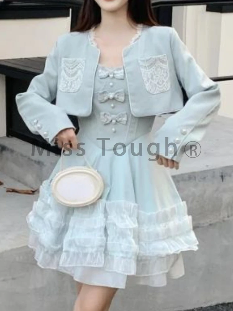 Autumn Sweet Fairy Thin Two Piece Set Women Elegant Solid Short Coat Female Design Chic Slim Bow Patchwork Dress Suit New 2024