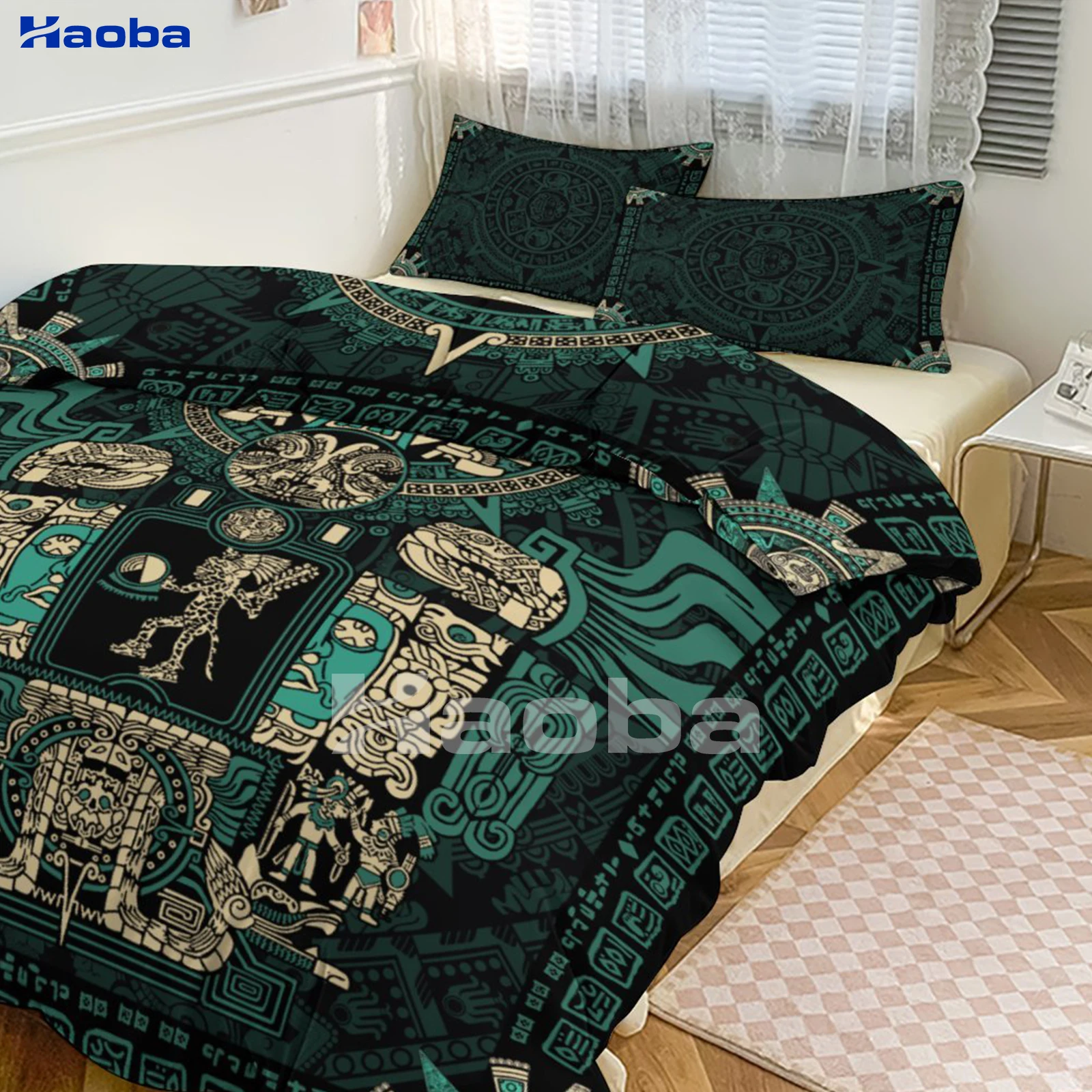 Aztec Maori Jaguar Warrior Print Three Piece Bedding Set Children or Adults for Beds Quilt Covers Birthday Gifts for Women Men