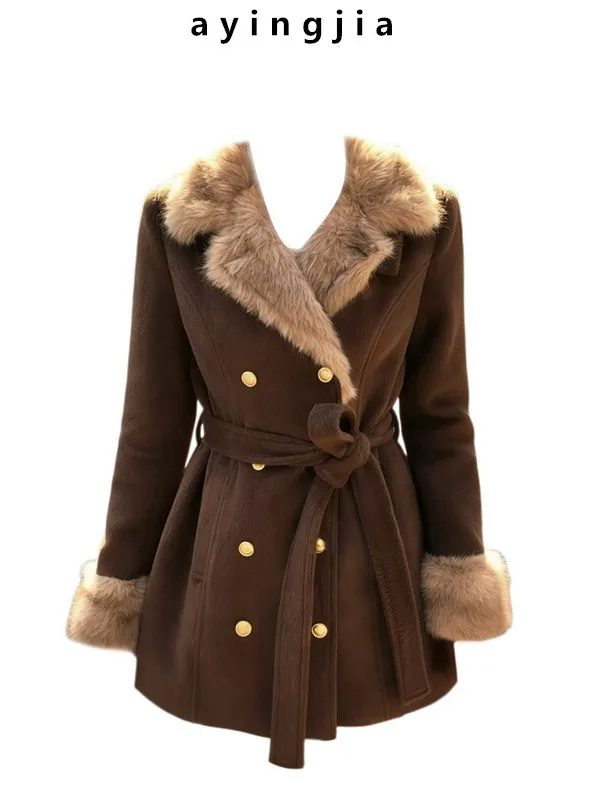 

French Vintage Fur Leather Inteated Waist-Cinching Slimming Woolen Coat Outerwear Women's Long Sve Regular Length