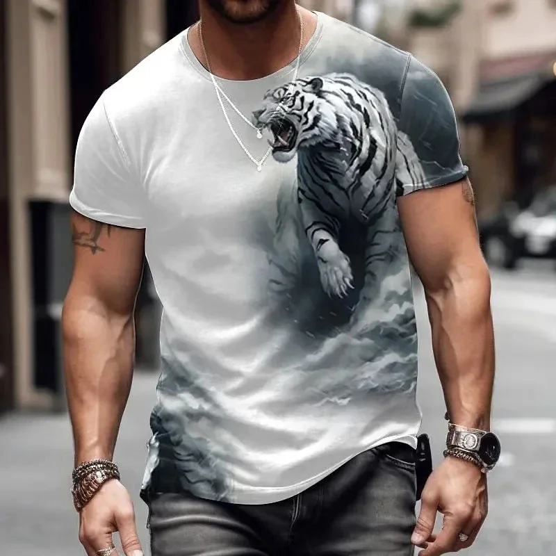 Herren-T-Shirt mit weißem Tiger-Aquarelldruck, lässiges Rundhals-Kurzarmshirt, Wildtier-Grafik-Oberteil für lässige Streetwear