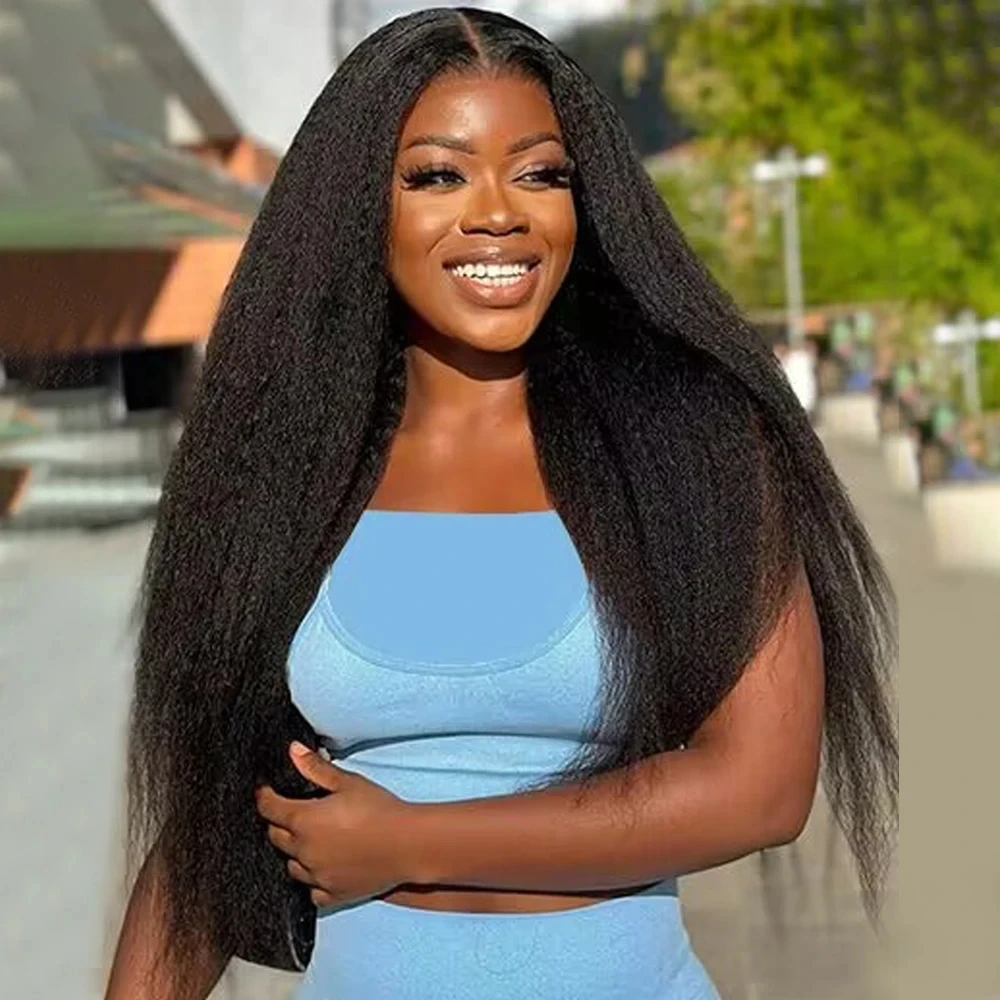 

Natural Black VPart Wig Kinky Straight Human Hair Wigs Glueless U Part Wig Full Machine Made With Clips For African Women