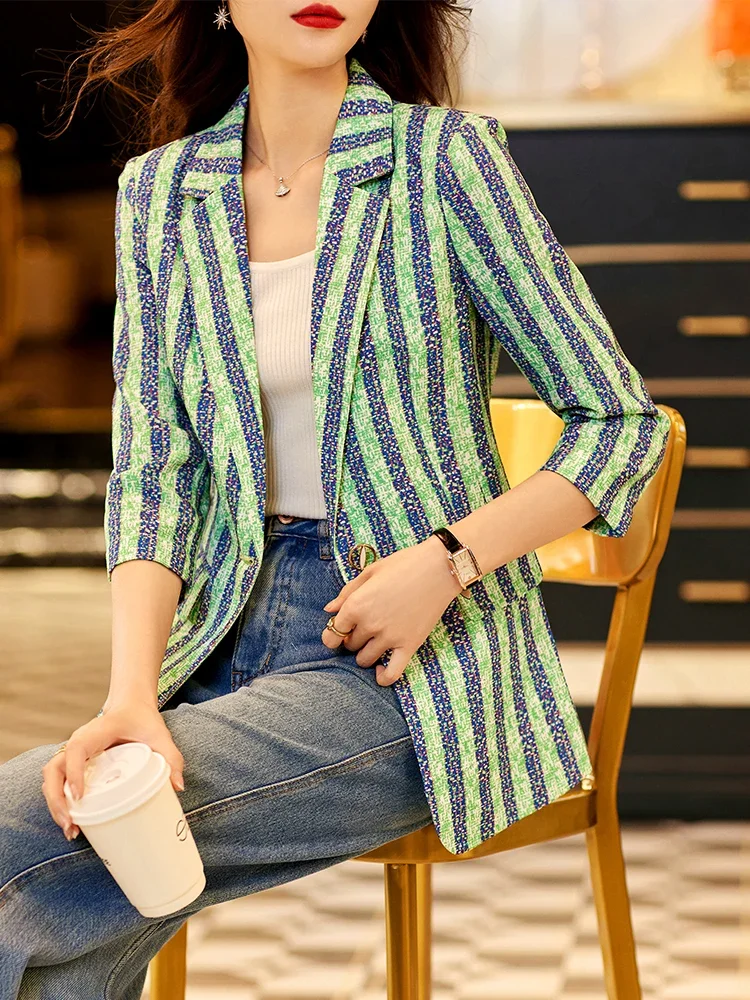 Half Sleeve Blazer for Women, Green and Blue Stripe, Single Button, Female Formal Jacket, Summer and Spring Coat