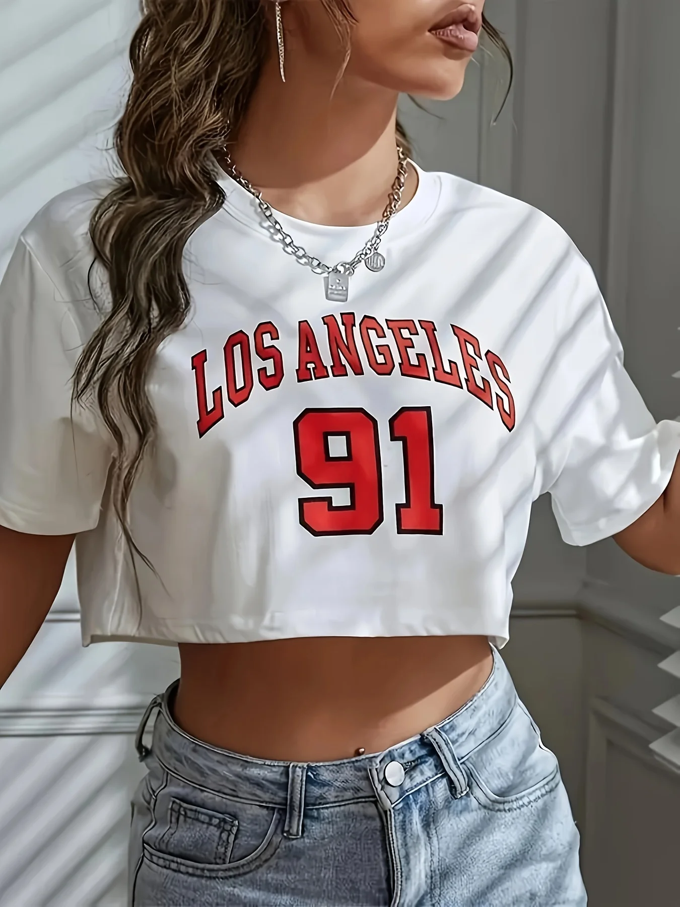 Los Angeles Number 91 Graphic Round Neck Sports Crop T-shirt Crew Neck Casual Running Workout Crop Top Women\'s Activewear