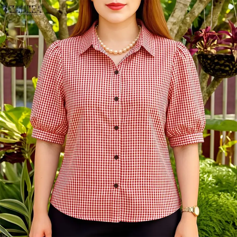ZANZEA Woman Gingham Check Shirts Turn-Down Collar Puff Sleeves Button Up Tops Summer 2026 Daily Casual Everyday Wear Camisas