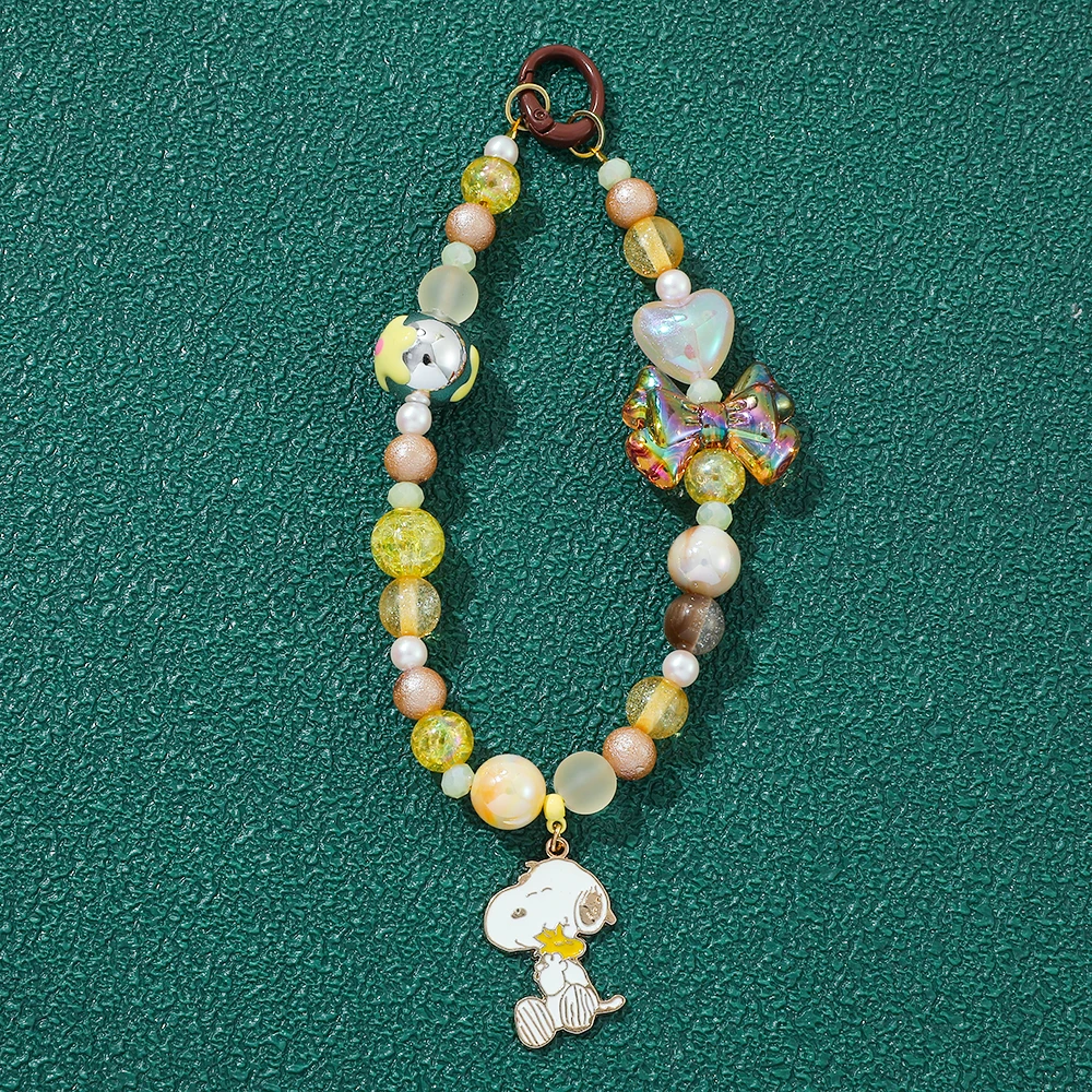 Snoopy Cute Cartoon Puppy Dog Phone Charm Strap with Yellow Bow Crystal Bead Handbag Keychain Wrist Lanyard Accessory Gifts view 6