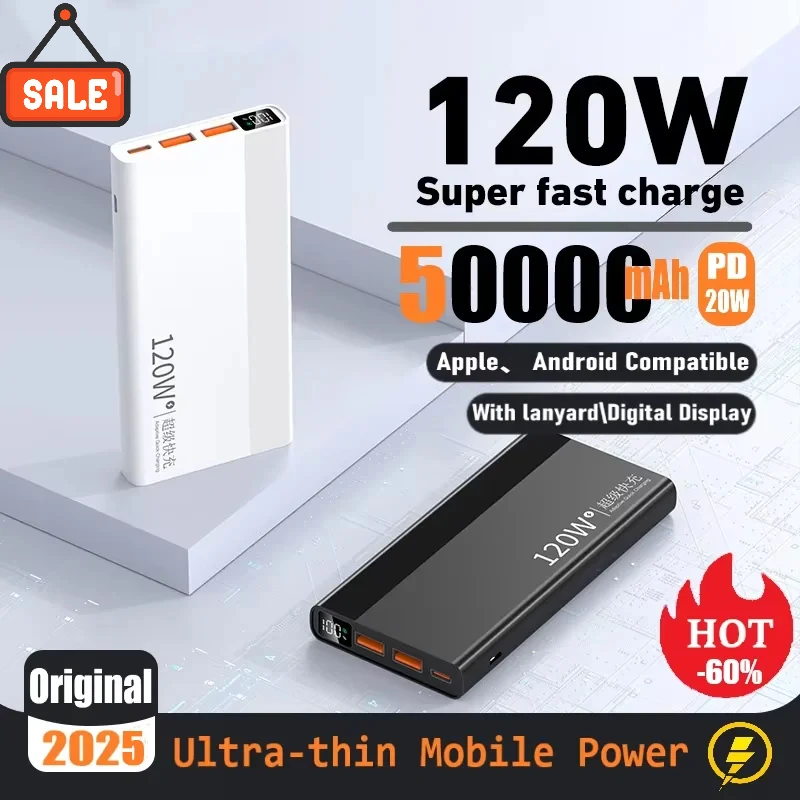 

50000 мАч супертонкий портативный внешний аккумулятор 120 Вт быстрое зарядное устройство большой емкости запасной внешний аккумулятор для iPhone 14 15 Samsung