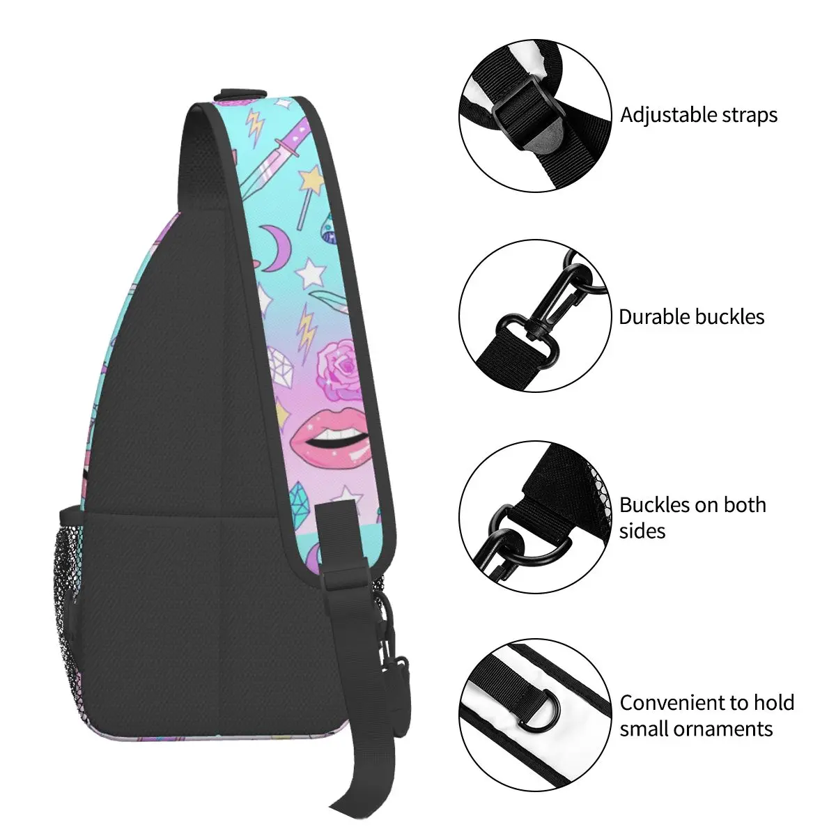 Girly Pastel Witch Sling Bags Chest Crossbody Shoulder Backpack Hiking Travel Daypacks Goth Pattern School Bags