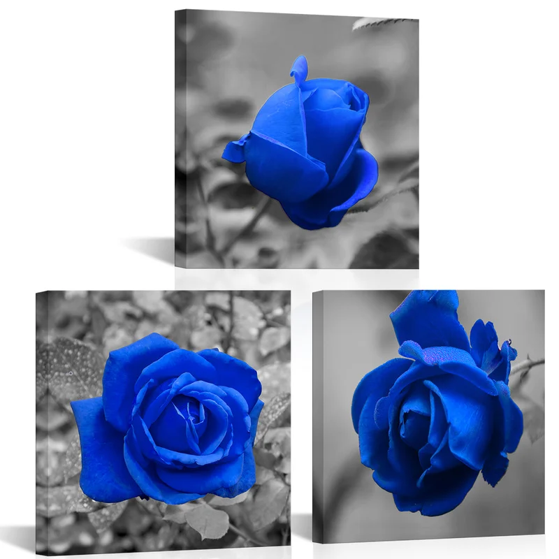 

3 Pieces Blue Rose Poster Wall Decor Romantic Flowers Print Canvas Painting Modern Style Picture Living Room Wall Art