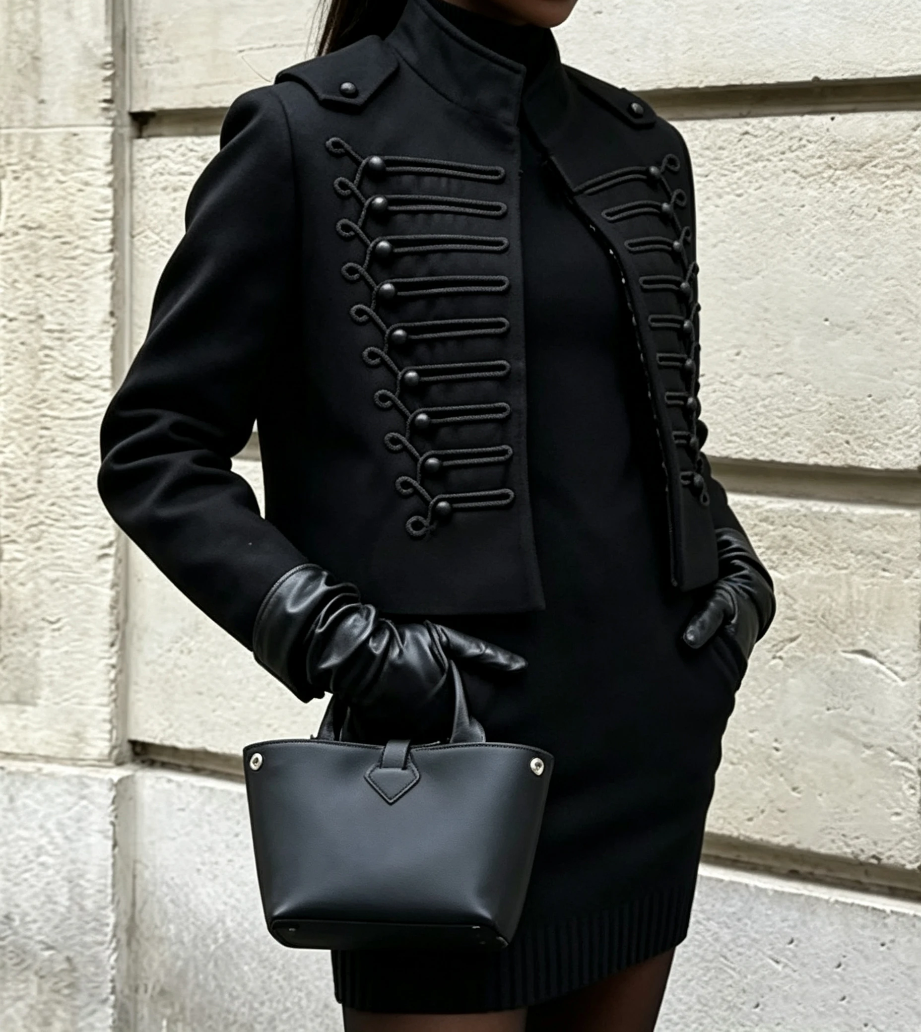Women Winter Black Napoleon Military Jacket Stand Collar Epaulet Cropped Coat Vintage Braided Button Decor Long Sleeve Outerwear