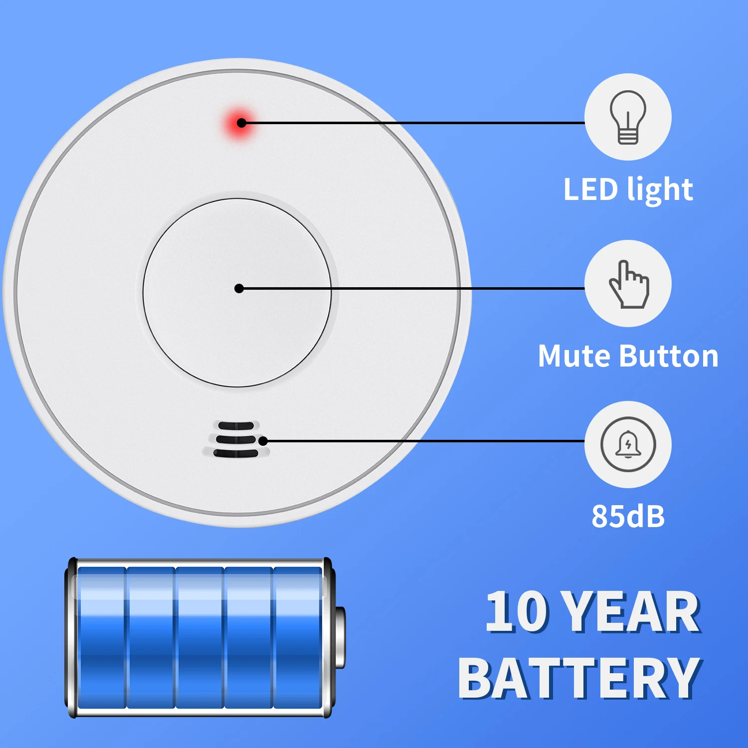 V-COME-Wireless Interconectado alarme de fumaça com bateria selada 10 anos, Detector de fumaça integrado, CE EN 14604, VS01F