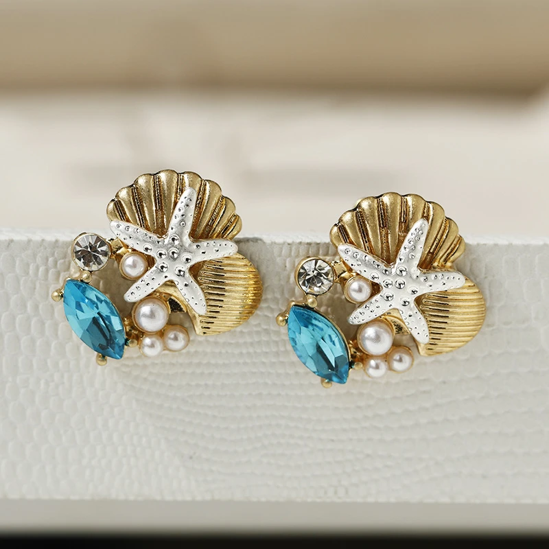 Starfish earrings metal shell imitation pearls fashionable simple retro good-looking earrings suitable for ladies to wear daily