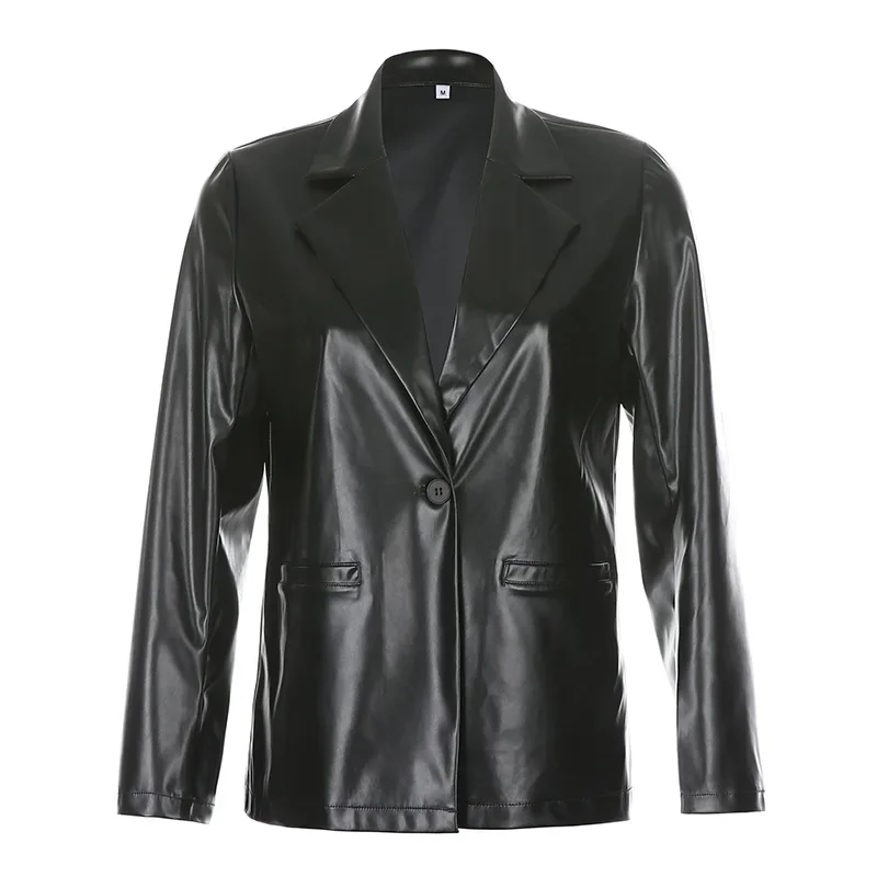 Punk Pu Leather Jacket Women Black Solid Colors Casual Commute Blazers Zipper Button Pocket Coat Female Winter Fashion Outerwear
