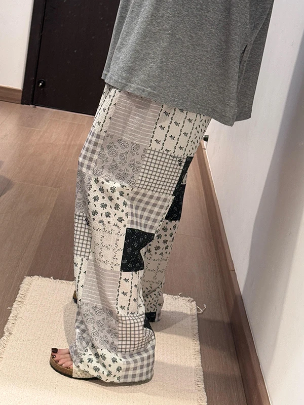 

Summer Thin Floral Plaid Casual Loose Straight Leg Pants Women's High Waist Trousers Comfortable Breezy Walking Trousers