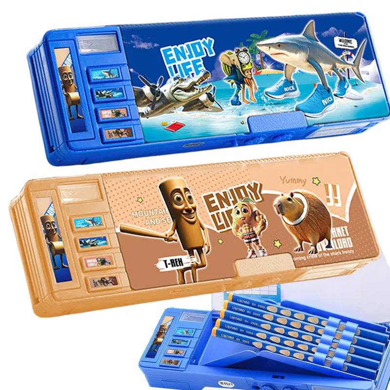 Italian Brainrot Tung Kawaii Pencil Case Combination Lock Pen Sharpener Pencil Box Plastic with Calculator Stationery Organizer