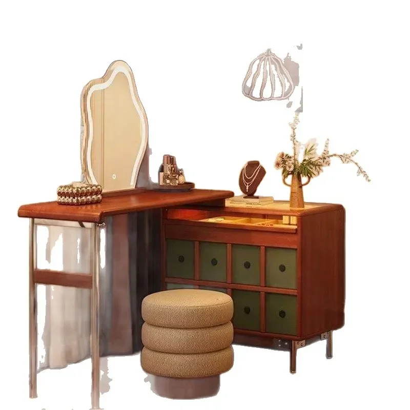 Retro French Style Retractable Dressing Table and Chest Combo Visible Jewelry Storage Multi Drawer Makeup Vanity For Bedroom
