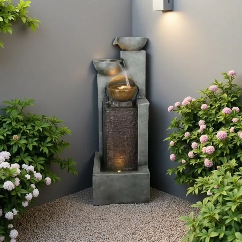 Large Garden Fountain with LED Lighting and Waterfall Feature Complete Set-42L X 37W X 109H Cm for Garden Decoration