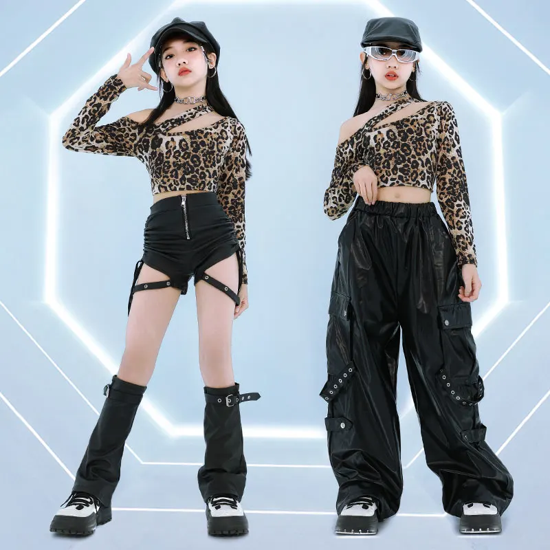Ropa de baile de salón para niños, camiseta de leopardo para niñas, traje de baile con parte inferior de cuero, uniforme de Hip Hop a la moda