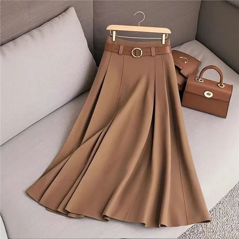 

Elegant Fashion Skirts For Women 2025 New Spring Autumn Patchwork Pleated A-Line Mid-length Skirts Commuting Office Lady Skirt