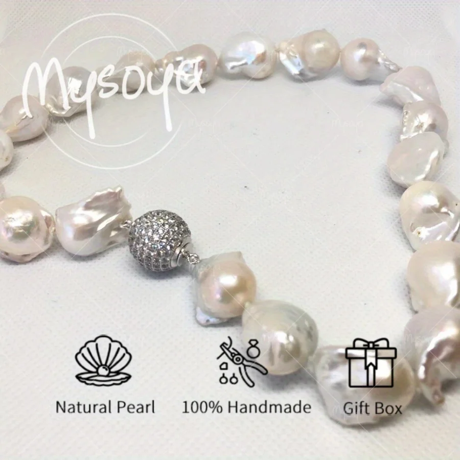 

Mysoya Large White Baroque Pearl Necklace 14-17mm with Gift Box Birthday Gift Wedding Jewelry Gift for Him/ Her