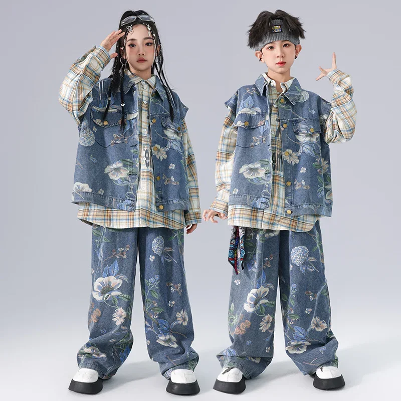 Children's Streetwear Print Denim Vest Pant Boy Gilr Hip Hop Jazz Dance Costume Kids Jacket Jeans Sets Performance Costume