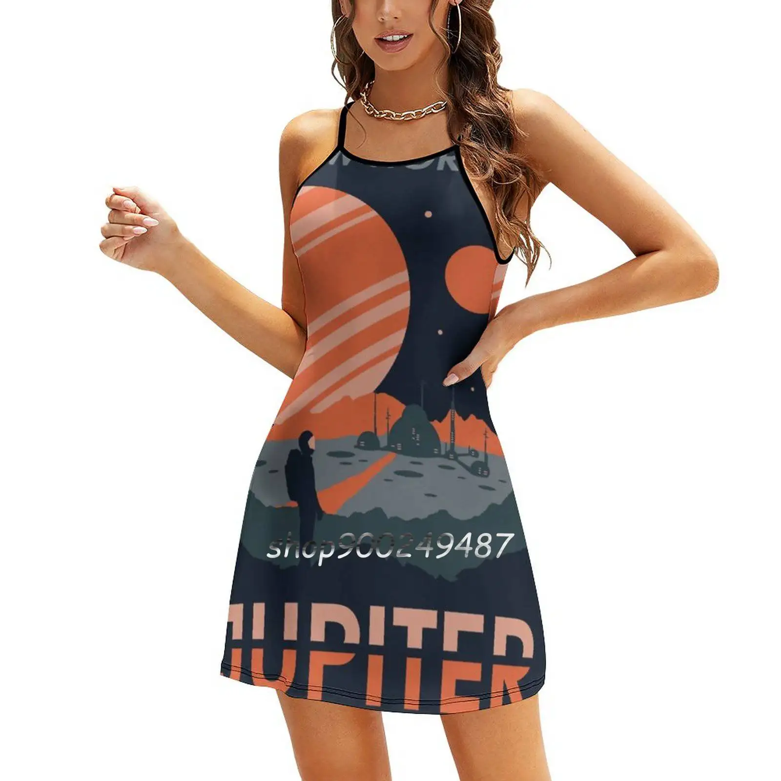 To New Horizons Sweet Elegant Dress Women Korean Kawaii Square Collar Dress Jupiter Planet Retro Retro Futurism Future Sci Fi