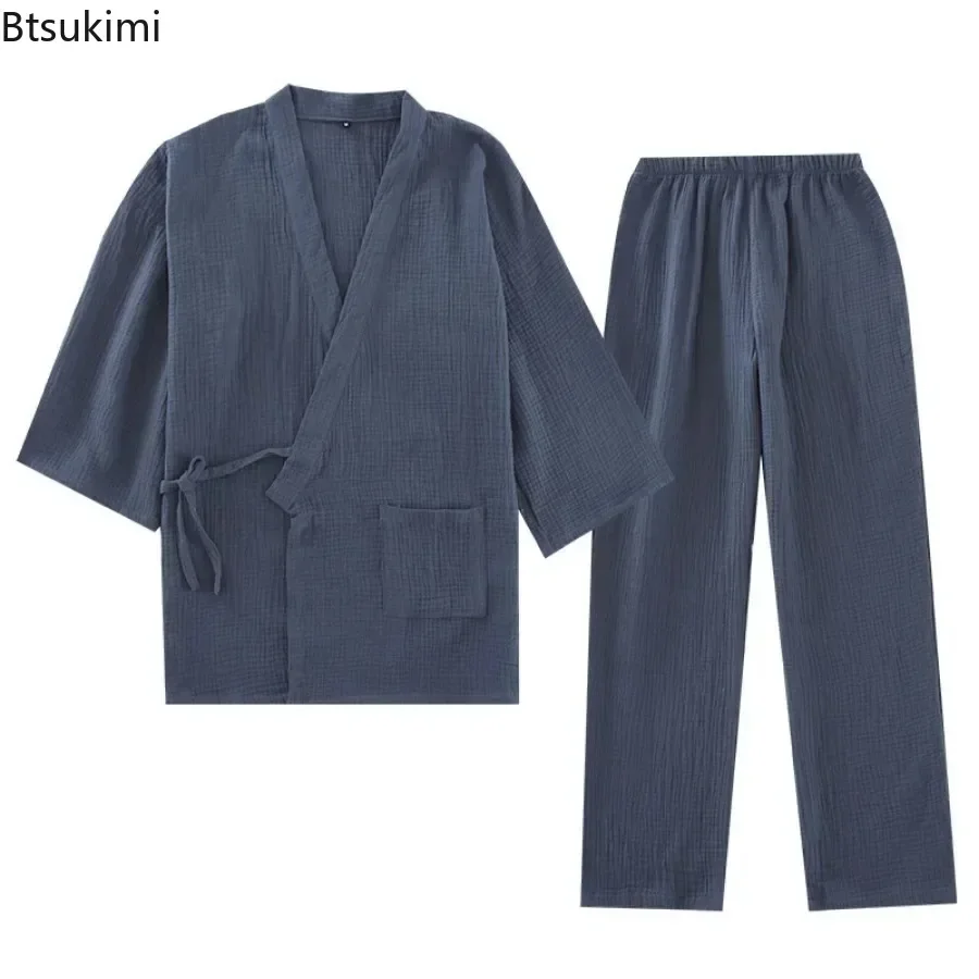 2024 Heren Katoenen Pyjama Losse Badjassen V-Hals Kimono Nachtkleding Driekwart Mouw Vetertops Broek Homewear Sets Voor Heren