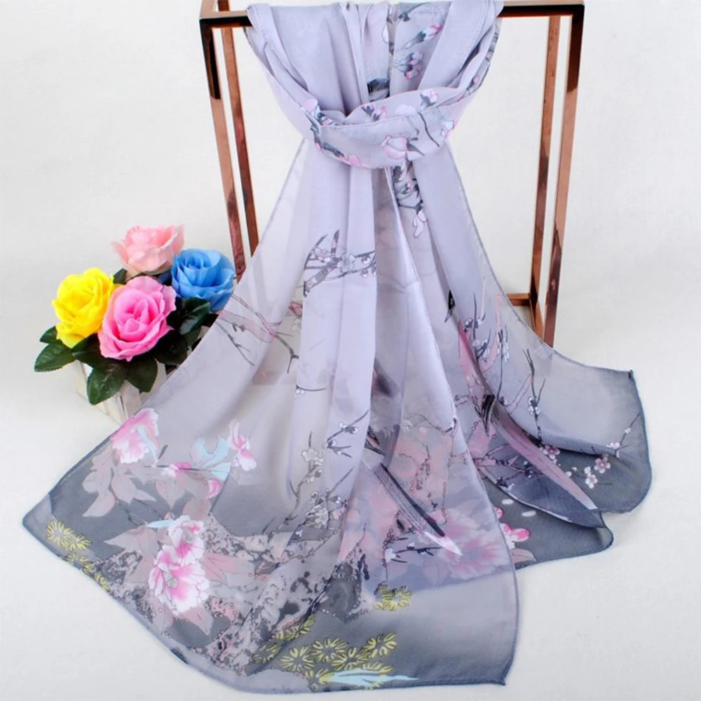 

High Quality Flower Print Long Chiffon Scarf Breathable Big Size Shawl Silk Soft Long Beach Scarves Women