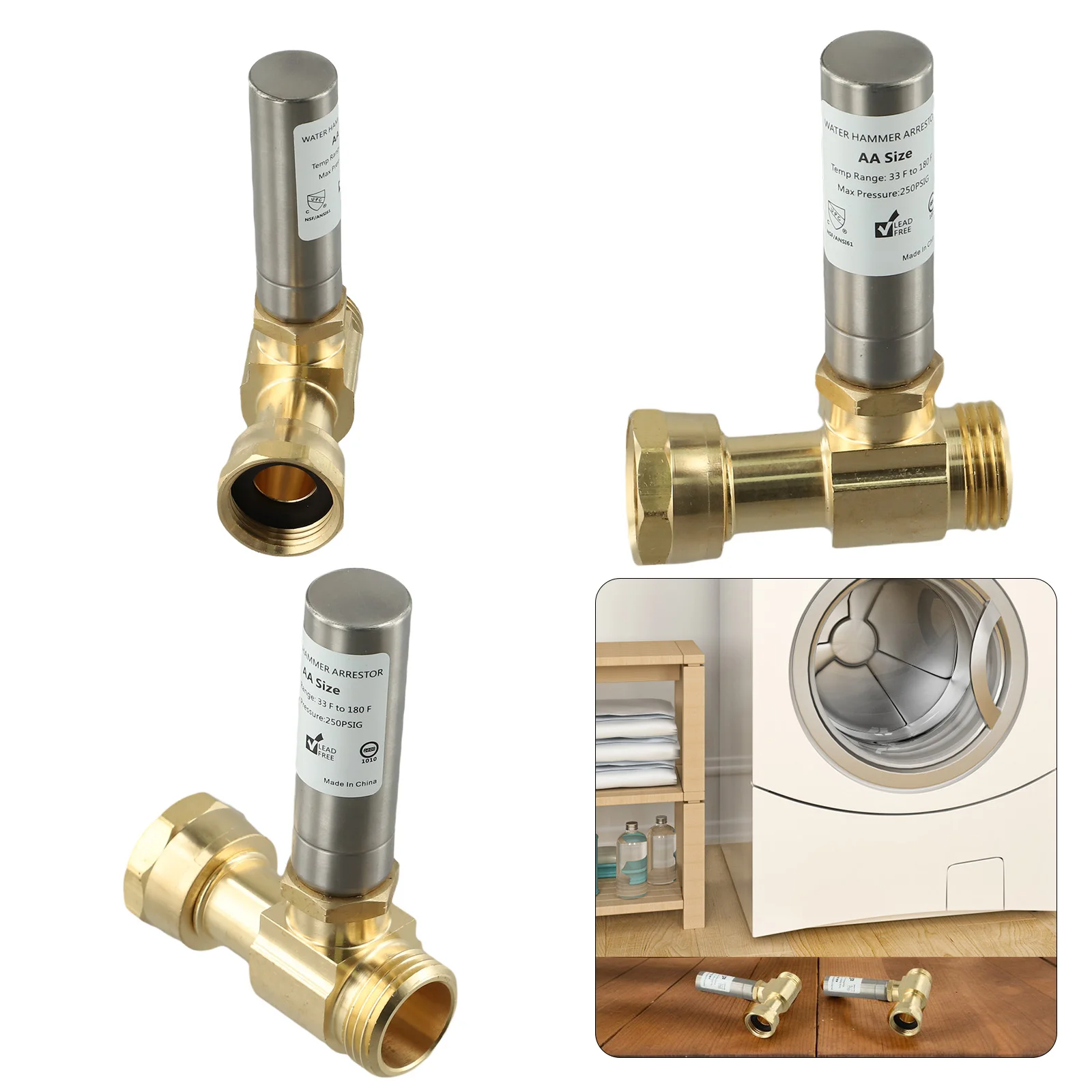 Edelstahl-Wasserhammerabsorber, 3/4 Zoll NH-Gewinde, Messing-T-Stück-Verbinder für Waschmaschinen, zur Geräuschreduzierung in der Sanitärinstallation. – Detail 17