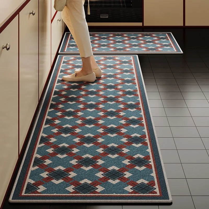 Vintage Geometric Plaid Kitchen Floor Mat Long Strip Runner Rugs Anti-slip Washable Carpet Room Mats Decorate Alfombra De Cocina