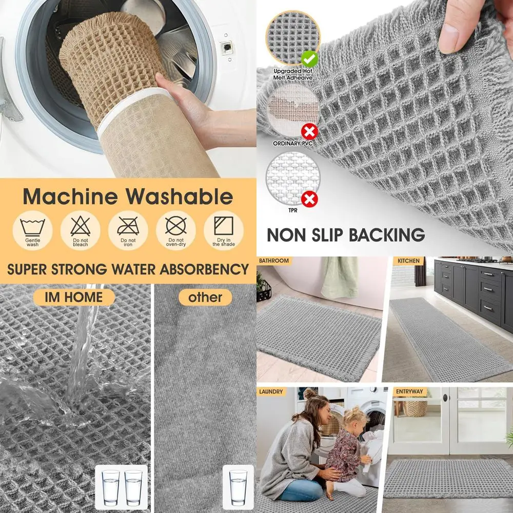 

Light Grey Waffle Bath Mat Set, Modern Woven Rugs, Non-Slip Absorbent Mats, Soft Washable Tassel Boho Rugs for Bathroom, Bedroom