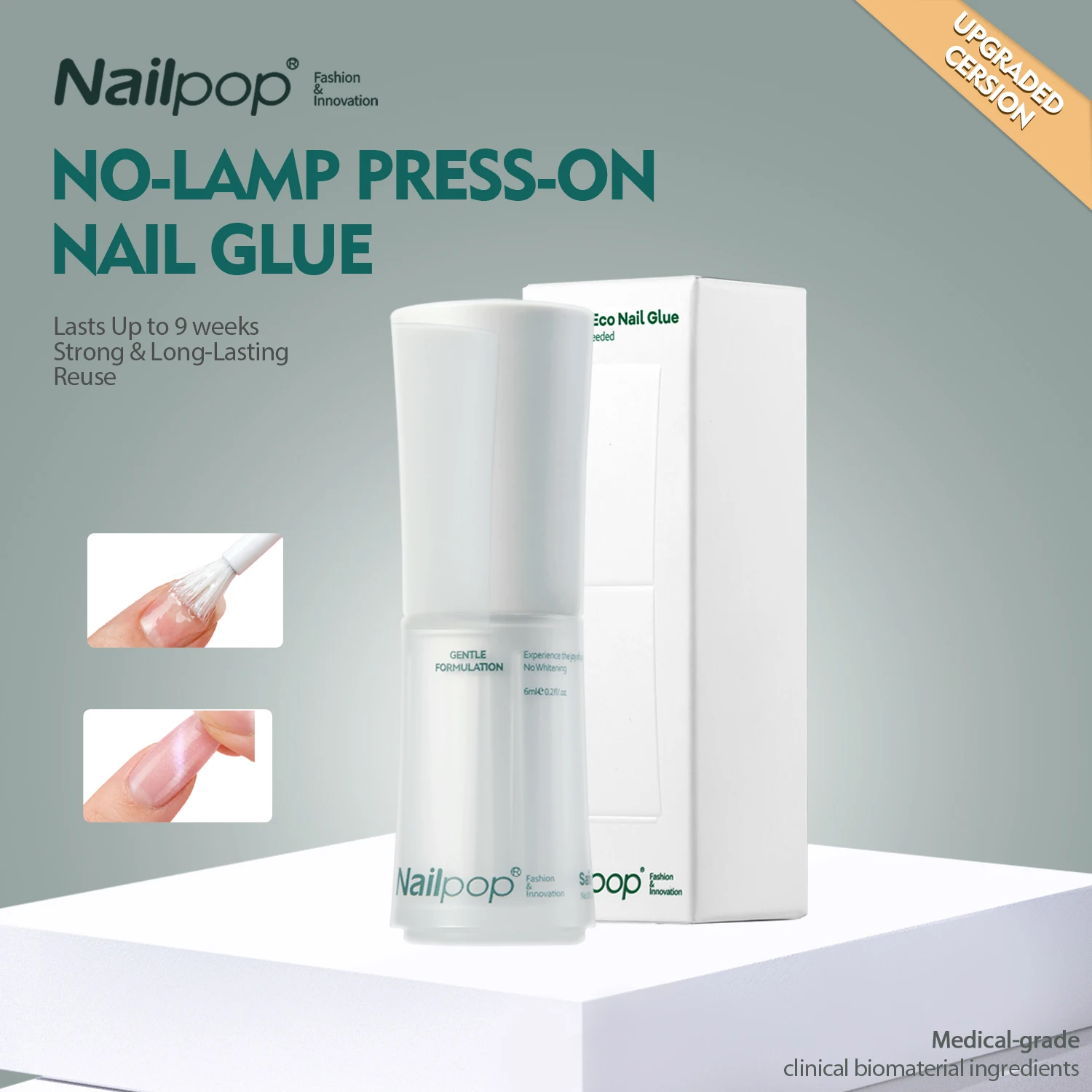 Adesivo Ecológico Nailpop Nail SafeDry de Forte Fixação, Não Amarelante, Suave, Baixa Irritação, Adesão Flexível para Uso Doméstico e Profissional em Salões 1/2un.