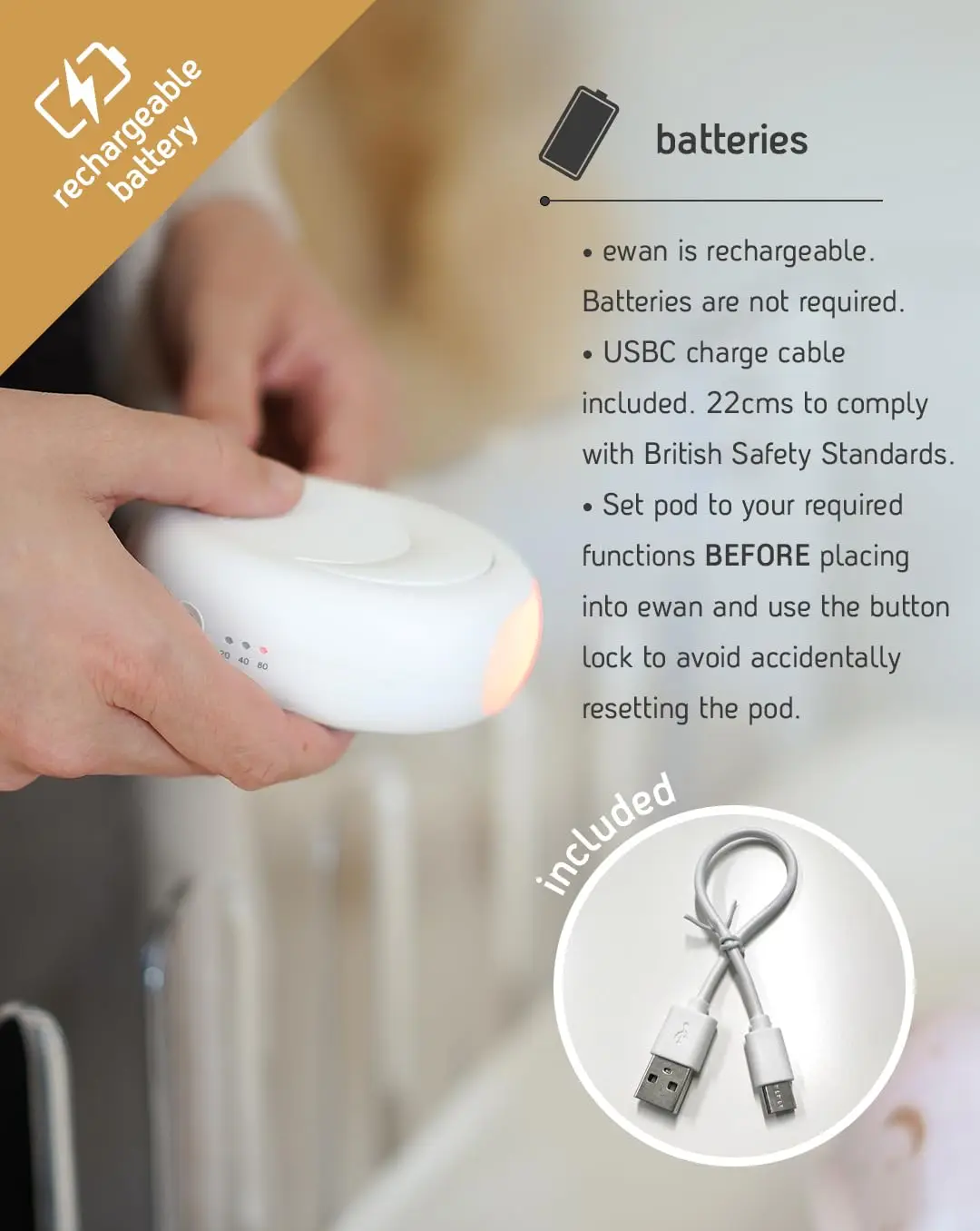 Rechargeable Baby White Noise Machine with Cry Sensor, Nightlight & 10 Soothing Sounds | Machine Washable