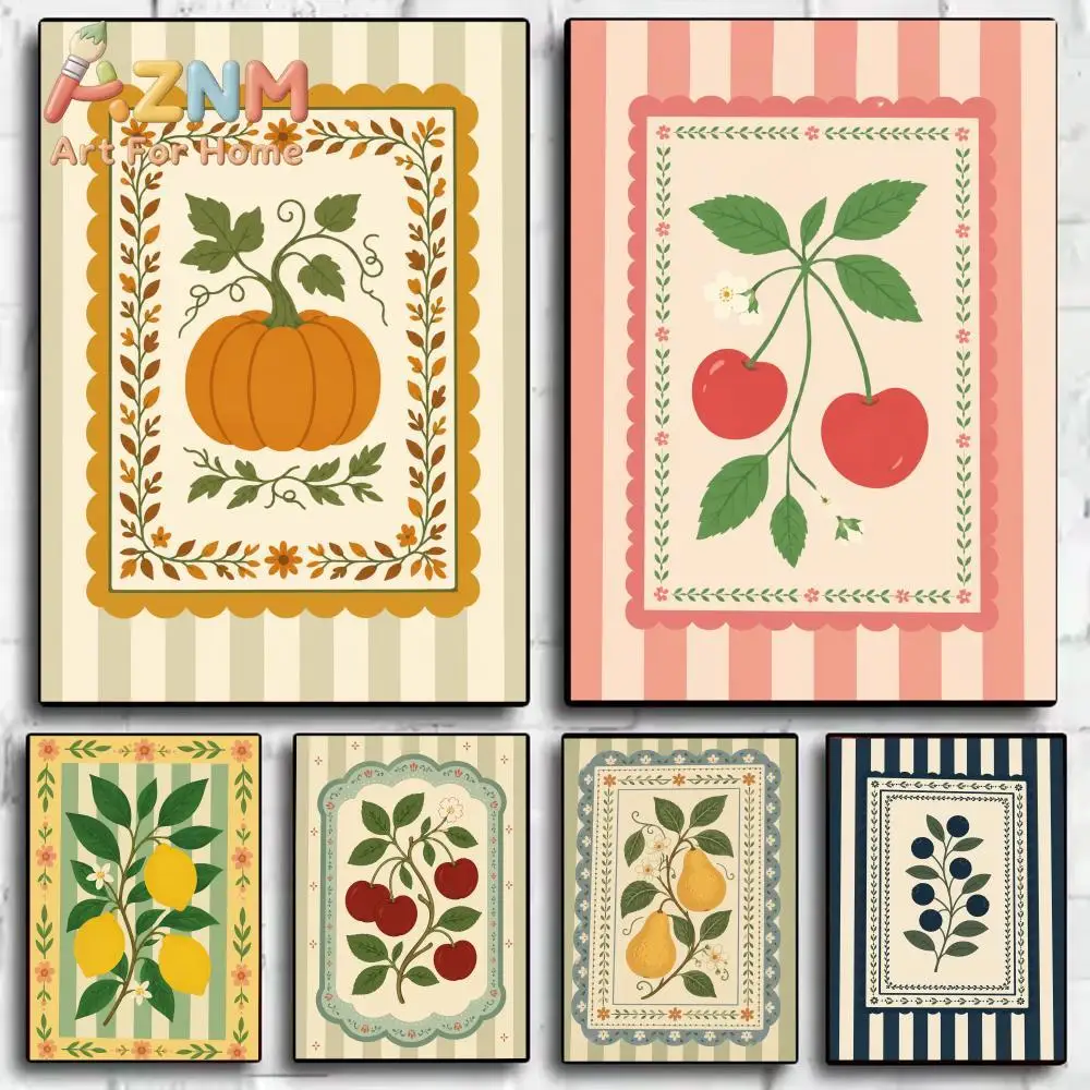 Striped Vintage Botanical Fruits Calligraphy Anti-wrinkle Canvas Poster Wall Mural Art Photos for Room Home Spaces Decor