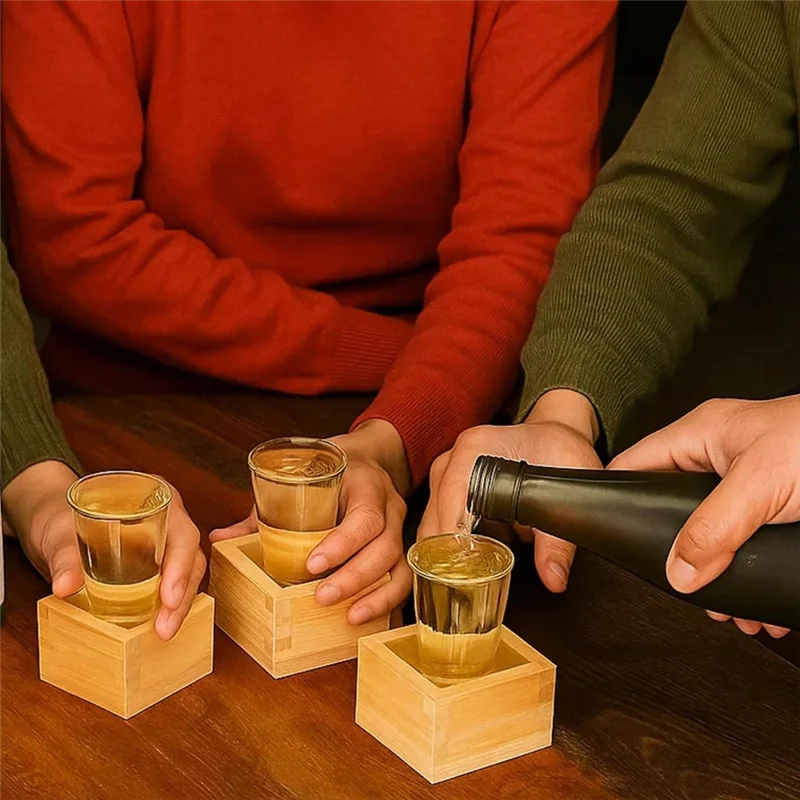 ABDJ-الثقافة اليابانية 2 قطعة كوب ساكي خشبي صندوق ماسو خشب على شكل حرف L 3.23 بوصة مربعة × 2.2 بوصة ارتفاع، يحمل كأس النبيذ متضمن