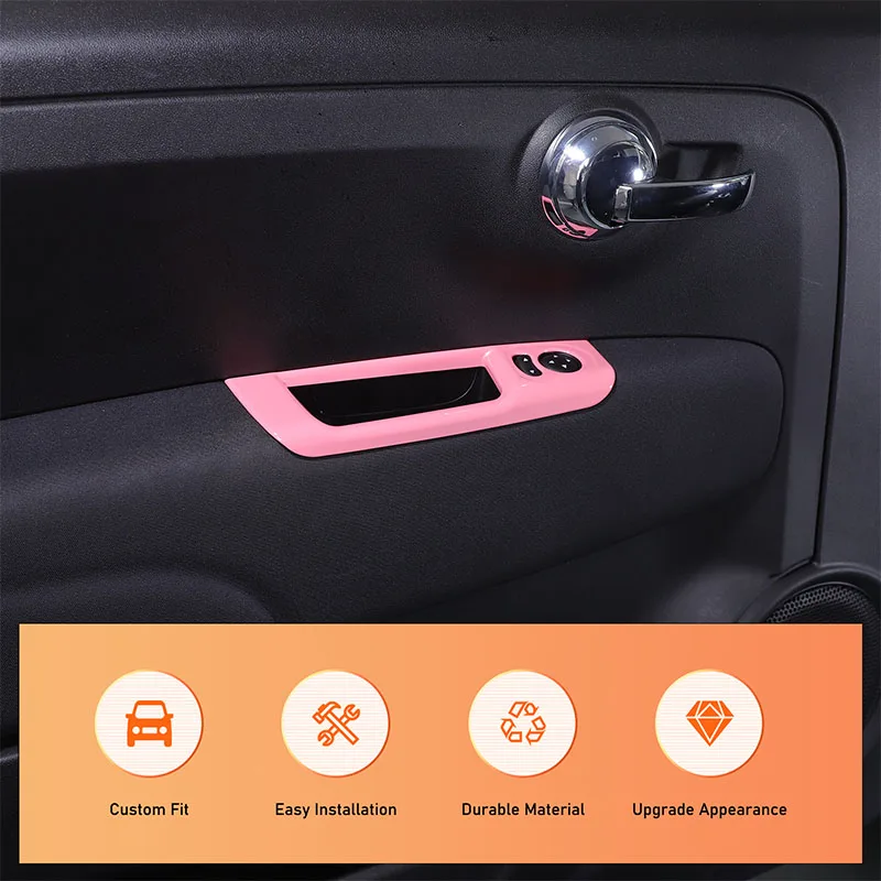 Pink ABS Car Inner Door Armrest Rear View Mirror Adjustment Panel Frame Trim Cover For 2011-2022 Fiat 500 Interior Accessories