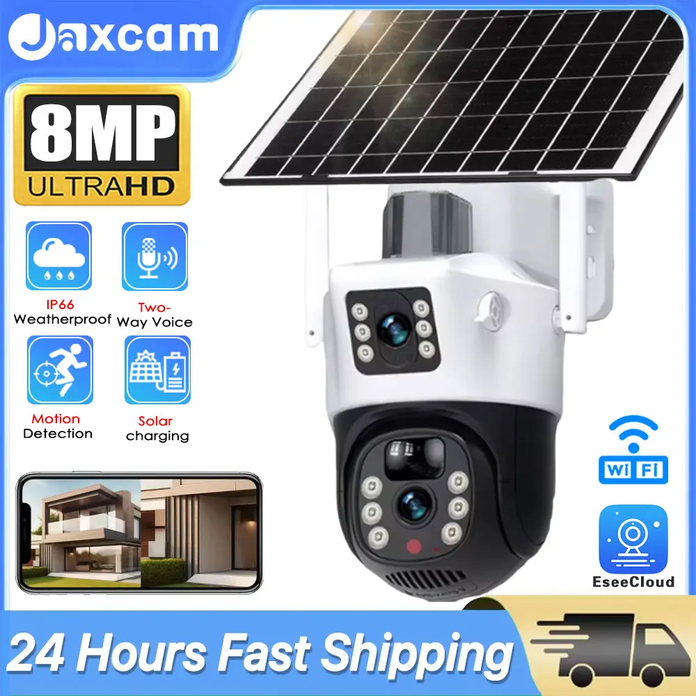 

Dual Lens Sim Card Camera Solar Panel Outdoor Low Powered Cam Color Night Vision PIR Alarm 2 Way Audio Solar CCTV Wifi Camera