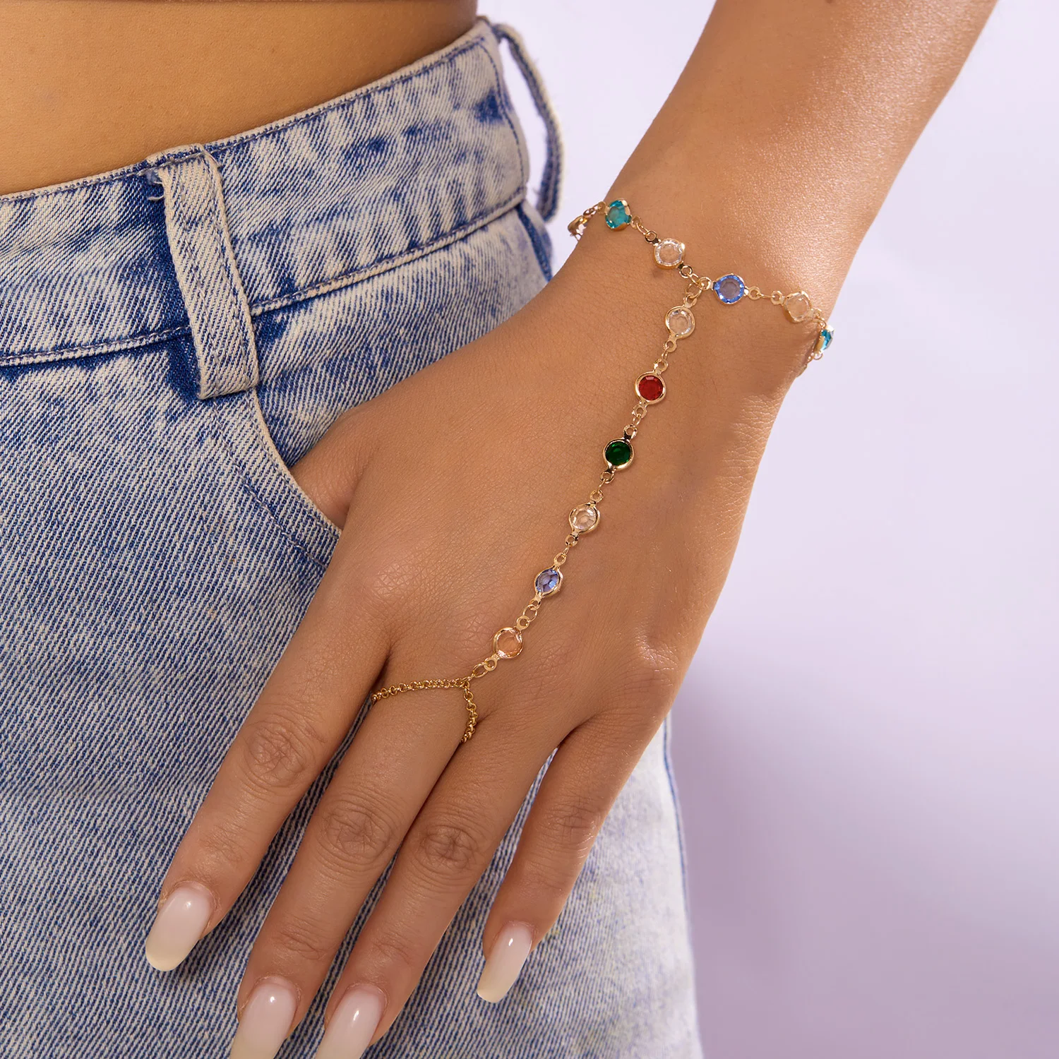 

Minimalist Love Heart Imitation Pearl Colorful Rhinestone Finger Bracelet for Women Girls Fashion Simple Link Chain Hand Jewelry