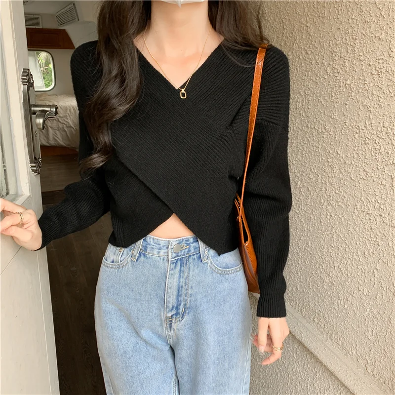 Casual Red Criss-Cross Knit Sweater Women Fashion V-Neck Short Sweater Women Autumn Winter 2023 Long Sleeve Y2K Pullovers 28010