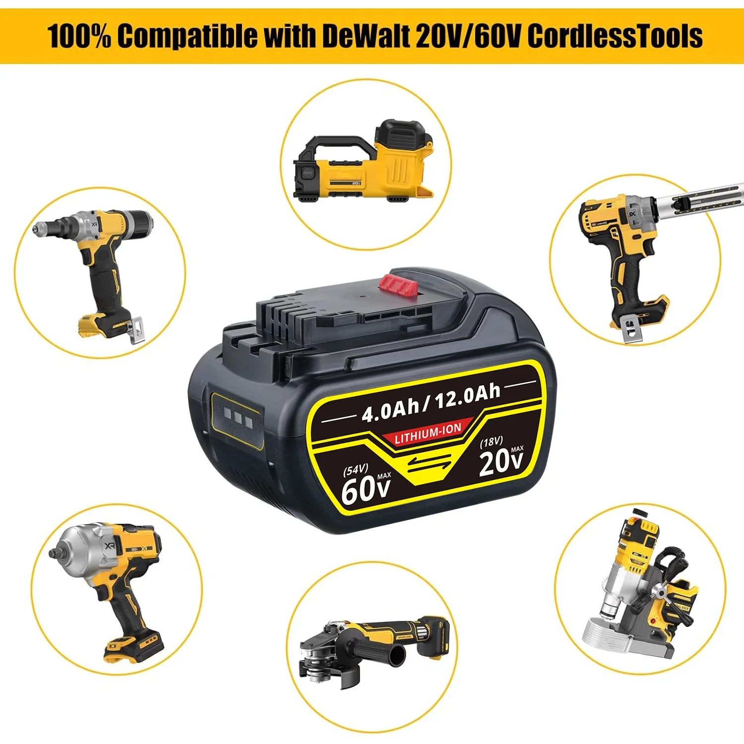 1/2/4Pcs 4.0Ah-12.0Ah DCB606 Replace for Dewalt 20v/60v Flex-Volt Li-on Battery Pin DCB609 DCB612 Compatible with Power Tools