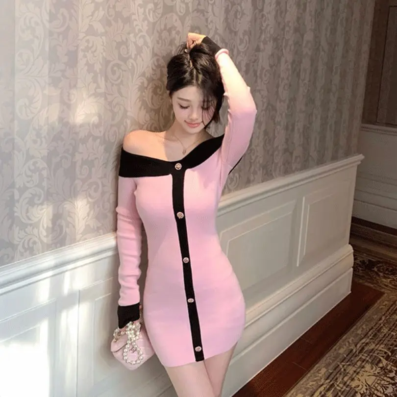 2023 Sexy Slim Off-the-shoulder Mini Knit Dress Women Korea Autumn Winter Patchwork Sweet Pink  Bag Buttock Short Dress Female