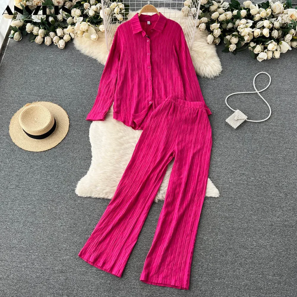 Women Casual Loose Long Sleeve Shirt High Waist Wide Leg Trousers 2 Pieces