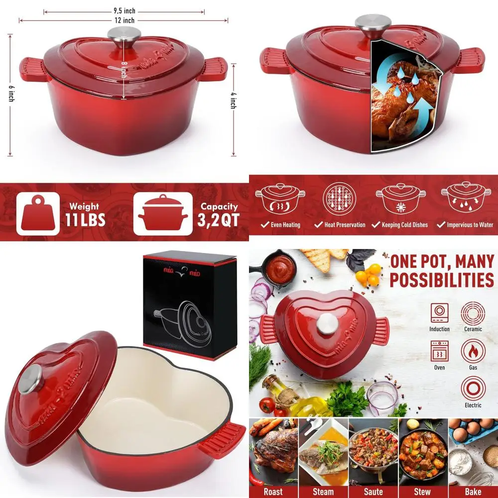

Heart-Shaped Nonstick 10 Enamel Cast Iron Dutch Oven, 3.2 Qt, All-Heat & Oven Safe, Perfect Christmas Gift