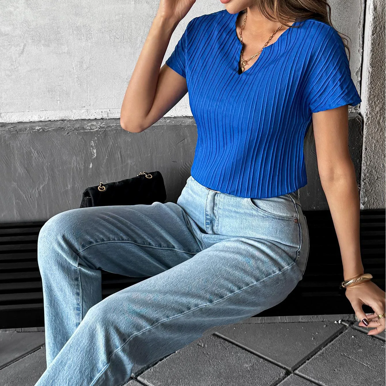 Women Summer Ribbed Knit Short Sleeve Top Notch Neck Slim Fit Cropped Blouse T-shirt Casual Wear Streetwear Outfits