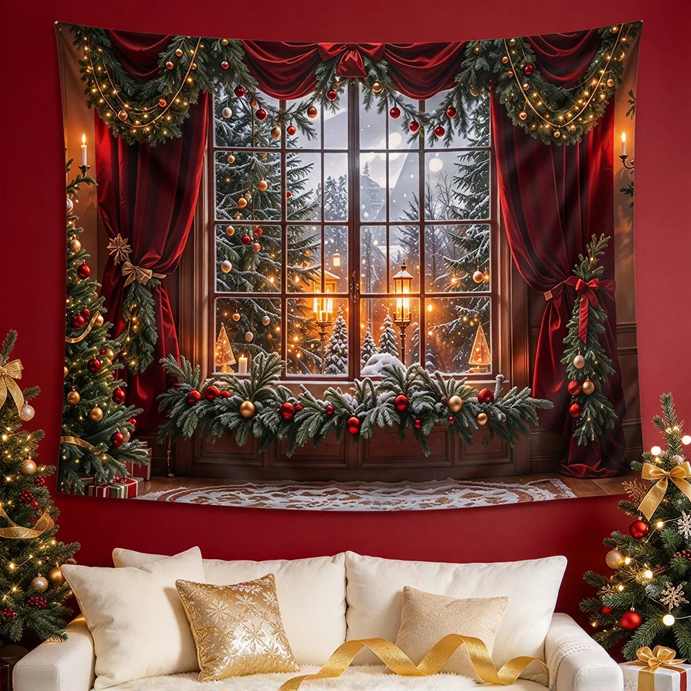 1PCS Tapestry, Red Curtain Christmas Window Garland Tree Scene, Holiday Party Decoration for Home Photo Studio Background