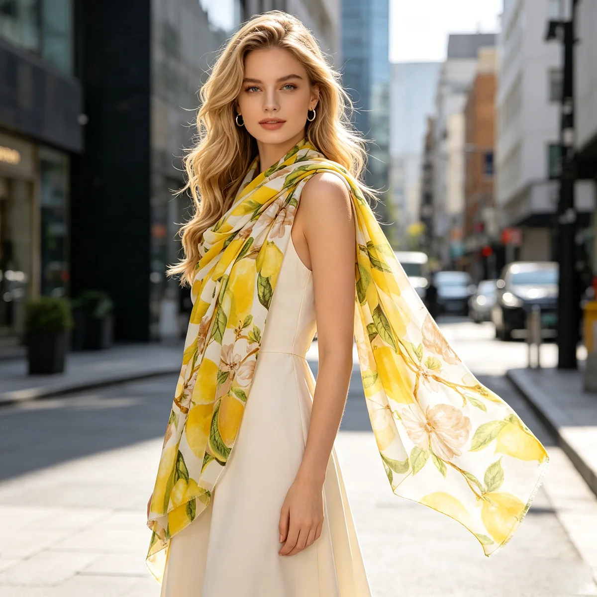 Women's Lemon Floral Butterfly Printed Scarf, Lightweight Long Shawl with Fruit Pattern, 180x88cm Elegant Neck Wrap for Daily
